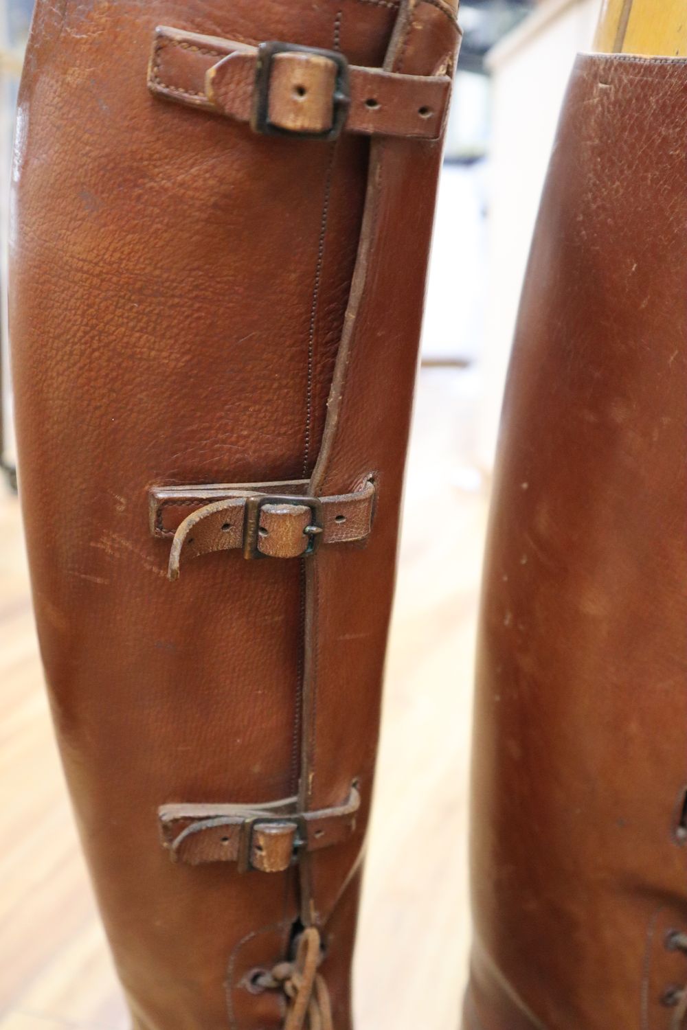 A pair of gentlemans leather riding boots, with shoe-trees, by W.Taylor, Great Portland Street, boot height 48cm